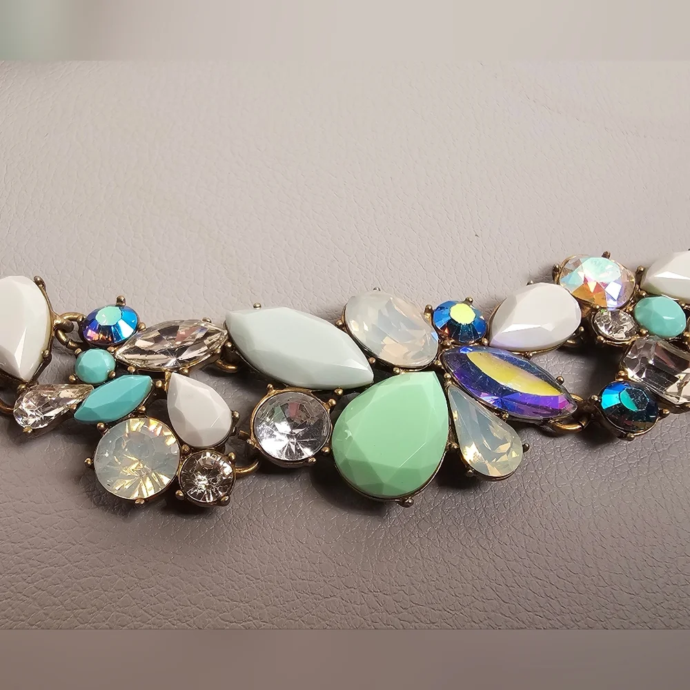 [J. Crew] Cluster Statement Necklace Mint Green, Gray White & Iridescent Stones
